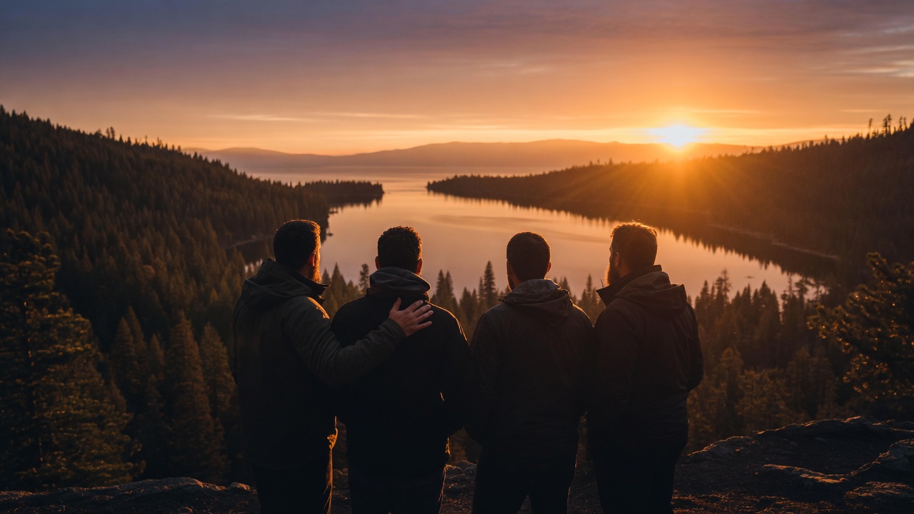 Men standing together at sunrise