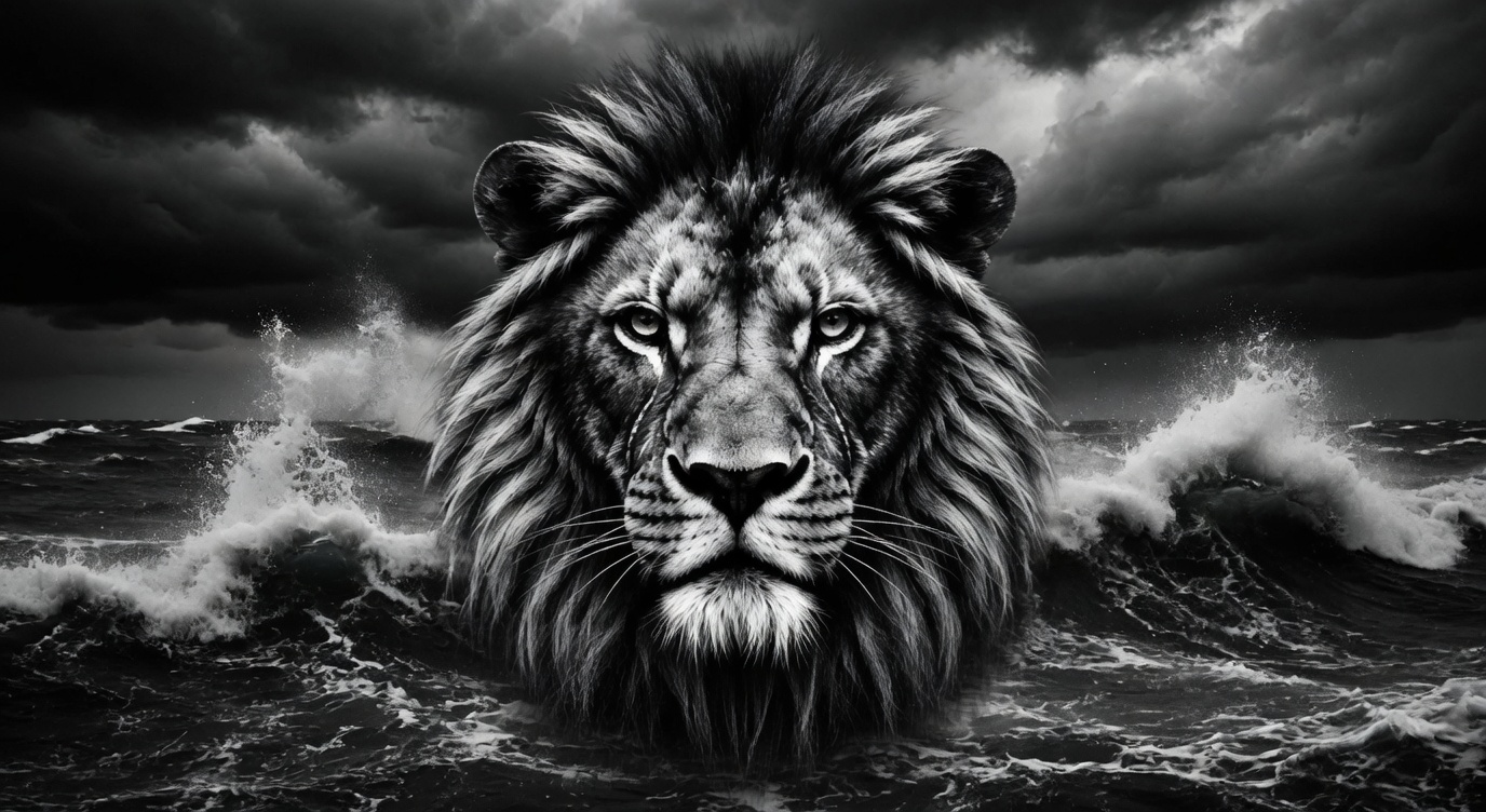 A lion’s face above a stormy black-and-white sea