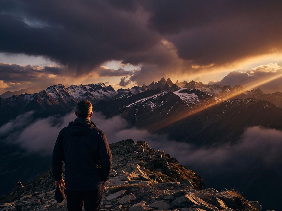 Father standing on a mountain summit